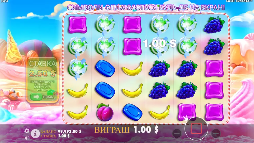 Слот Sweet Bonanza показує виграшну комбінацію з символами, такими як виноград, банани і фіолетові цукерки. Відображений виграш - 1.00 $.